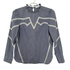 Sandro Womens Suzan Lace Inset Cotton Poplin Long Sleeve Top Size 4 (1) Blue